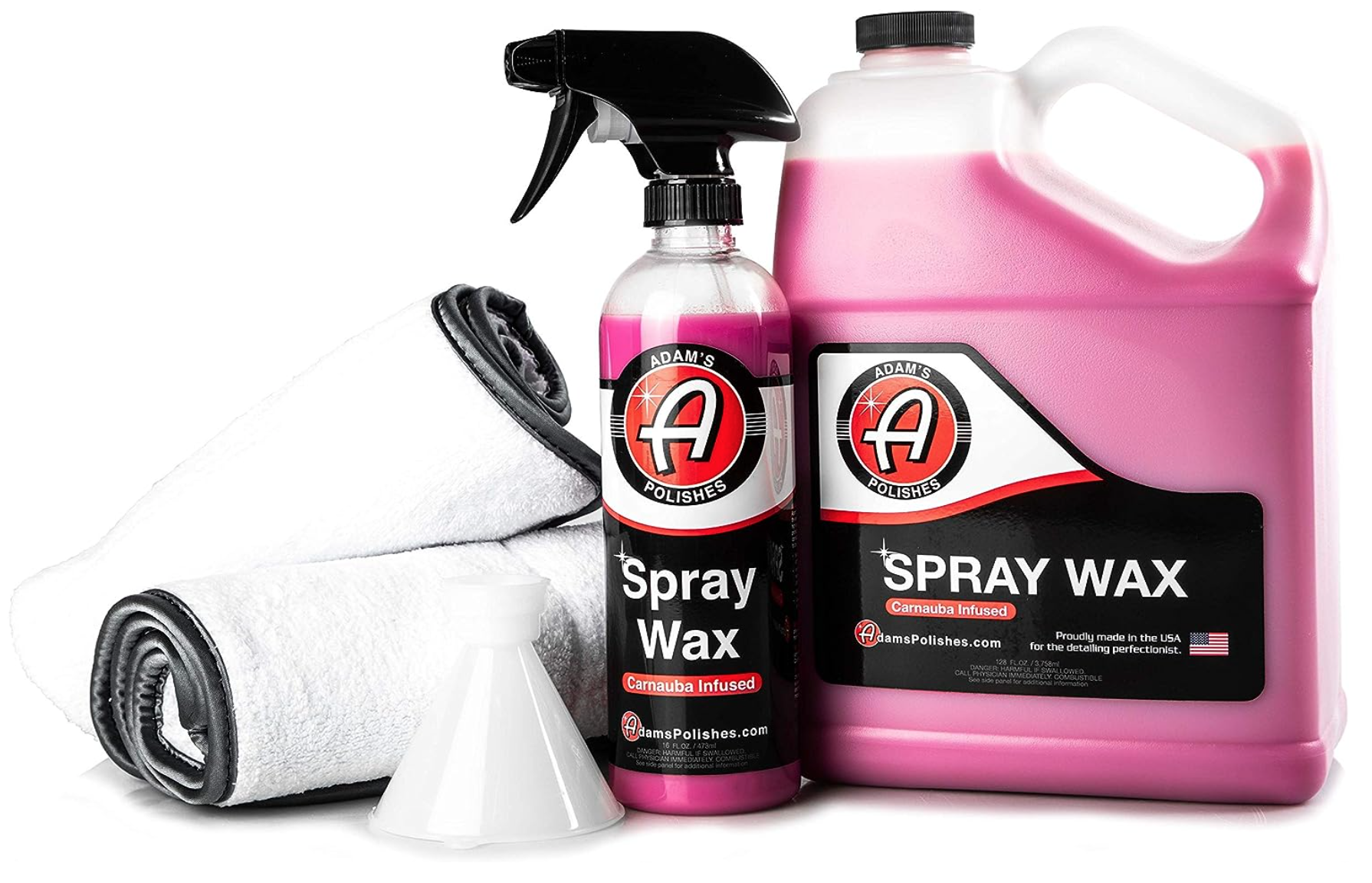 A rectangular container and spray bottle of Adam's Polishes car wax next to a funnel and two microfiber cloths