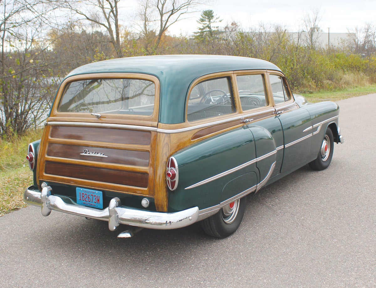 A look at the 1953 Pontiac Chieftain “tin woodie” wagon form the rear.