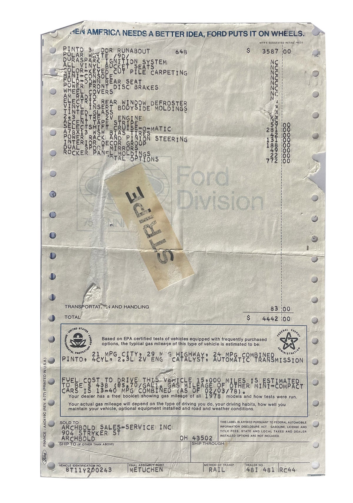 The original sticker shows this car was sold new in Archbold, Ohio, for a grand total of $4,442.