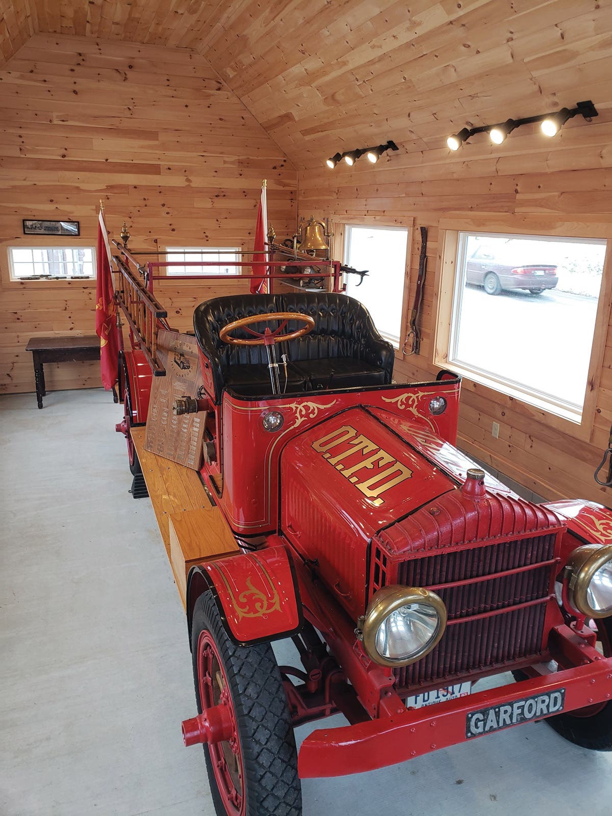 This 1917 Garford fire-fighting truck was originally used by Old Town, Maine, and was eventually found decaying outdoors. It was rescued and then restored.