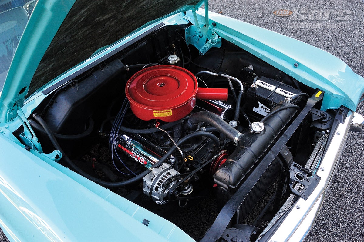 Cars in the Dart series were available as the six-cylinder RD3 model or V-8 RD4 model, and this two-barrel 318-cid V-8 was the standard RD4 Dart V-8 engine.