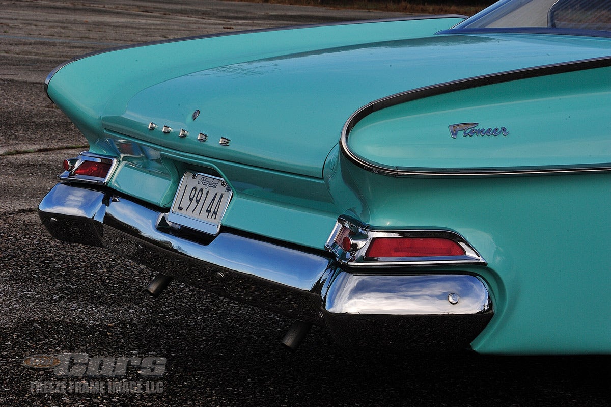 On Dart sedan and hardtop models, the taillamps were set low, just about the bumper, leading to complaints about their lack of visibility. To appease buyers, Dodge made available a second set of taillamps that mounted at the back of the car, between the decklid edge and fin. This Pioneer does not have that second set of taillamps.