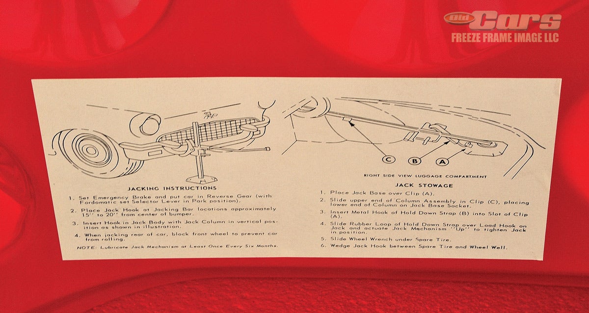 With a new spare tire arrangement, the 1957 Thunderbird required a new sheet with the jack and spare tire instructions.