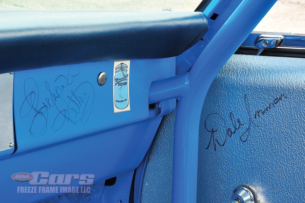After completing the build, Richard Petty, Dale Inman and Maurice Petty signed areas on the car. Richard and Dale�s signatures are seen here, on the dash and inner door.