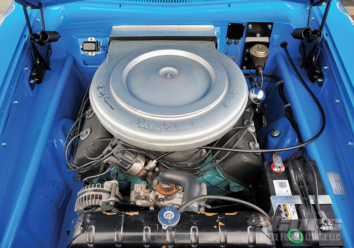 This Hemi is one of the very first race Hemi engines ever built by Chrysler Corp. When found decades later, it was determined to be the engine marked #11 by Petty Enterprises back in 1964. Note the signatures on the air cleaner.