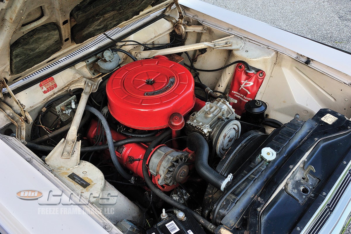 In its larger new Ambassador models for 1965, AMC offered a base six-cylinder or a 287-cid or 327-cid V-8 of its own manufacture. The 327 was painted red while the 287 was blue.