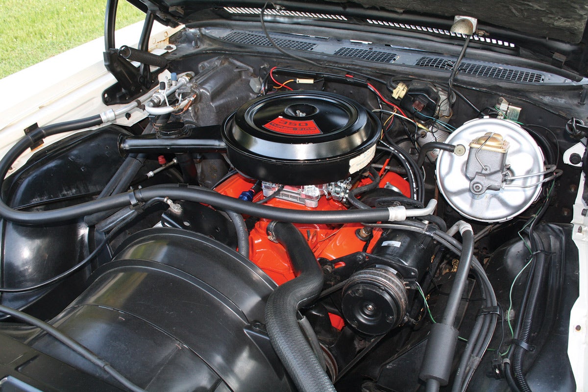 Our feature car came with the standard 350 2-barrel, but the owner changed it to a 4-barrel setup. The 350 2-bbl was rated at 165 hp; the engine call-out decal was added by owner preference, but only the 454 had an identification decal from the factory in ’72. Power brakes with front discs were standard.