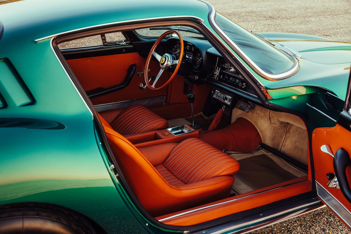 The Arancio leather interior of the 1967 Ferrari 275 GTB/4 to be offered at Broad Arrow’s Zoute Concours Auctio