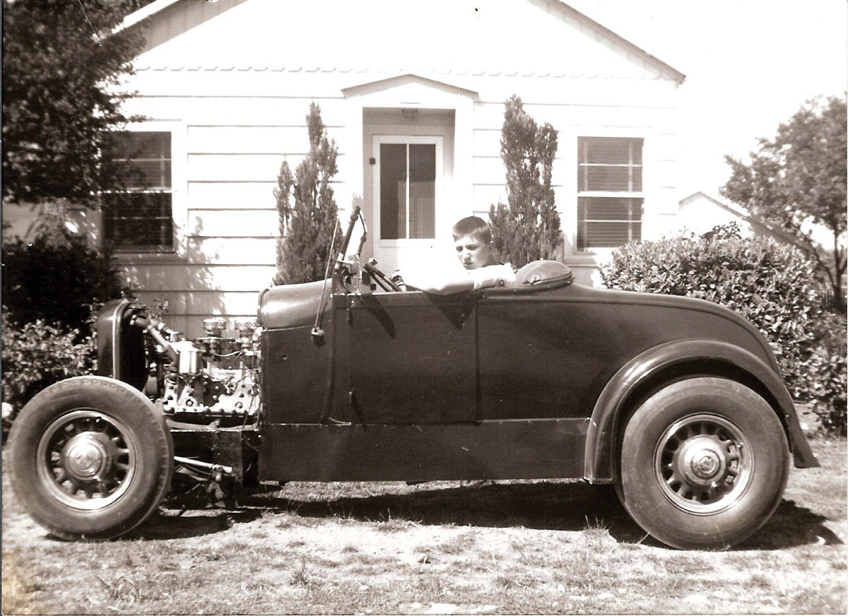 “Street was Fun in ’51” was written in 1982 and its cover photo (above) shows Al Drake’s Model A roadster equipped with a dual-carb flathead. The roadster sits rather high on its fat General Jumbo wheels and tires. It looks like a car that a kid on a limited budget would have built. Al owned that A-V-8 before he was old enough to get his driver’s license