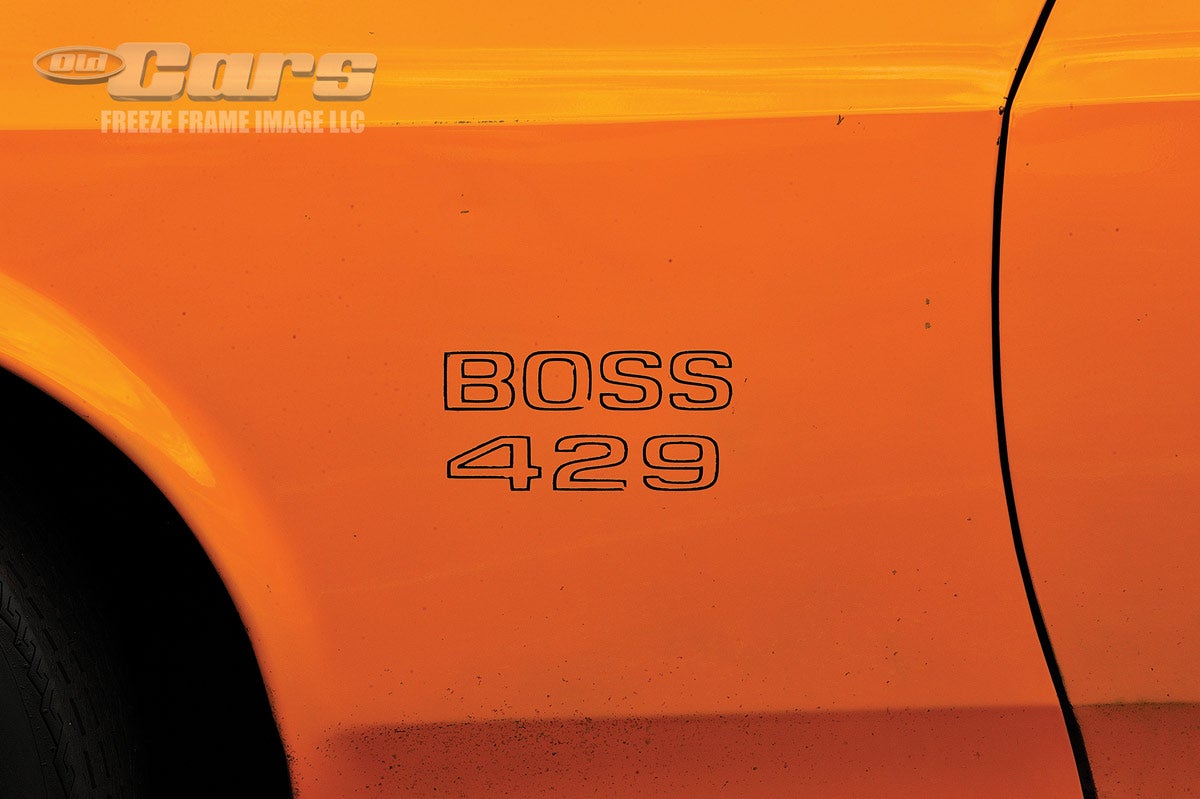 Boss 429s were devoid of the side stripes found on other performance Mustangs of the era; just a simple “Boss 429” call out appeared on the front fenders.