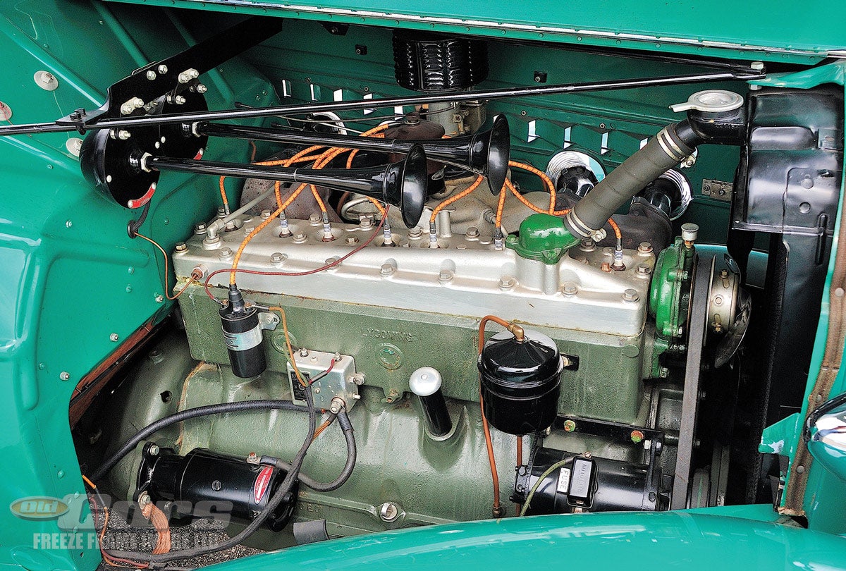 The 1935 and 1936 Auburn straight-eight engine was built by Lycoming Manufacturing to displace 279.9 cubic inches with a bore and stroke of 3-1/16-inches by 4-3/4 inches.