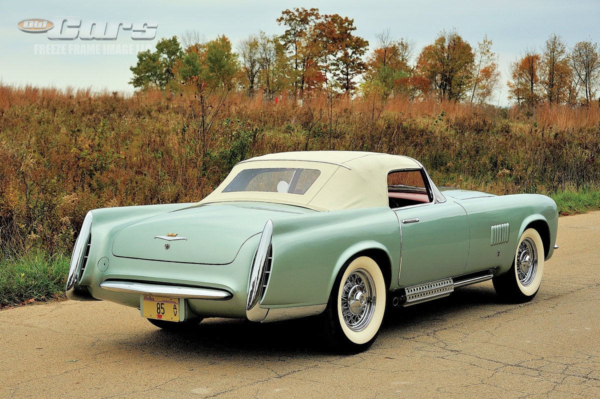 Top up or down, the Chrysler Falcon cuts a strikingly personal profile. Factory photos show two Falcons with 15-in. wheel covers, each of a different design, and one with the 15-in. wire wheels on this survivor.