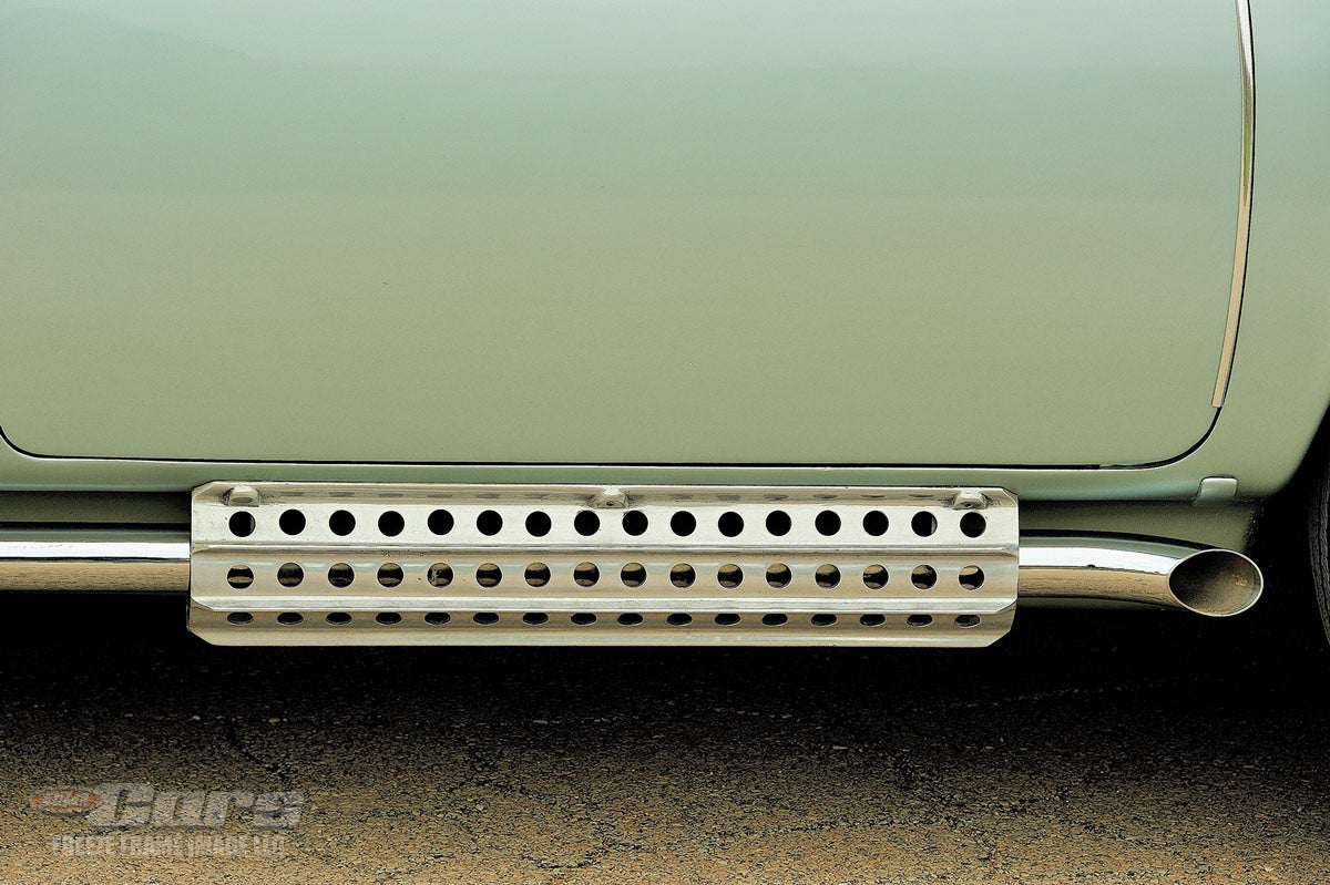 The side exhaust pipes look great, but Joe Bortz is glad they aren’t functional. “If you ever drove a Corvette with an outside muffler, the sound is terrible, because you’re listening to half the engine — a four-cylinder engine — which is not the most pleasant sound.”