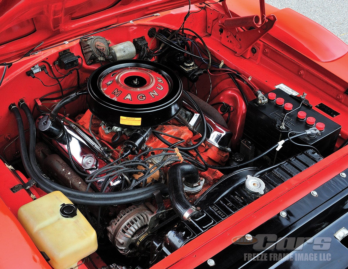 The 1969 Dodge Charger Daytona was based on the Charger R/T, which came with the standard four-barrel 440 Magnum or optional 426 Hemi. The prototype has the 440 Magnum.