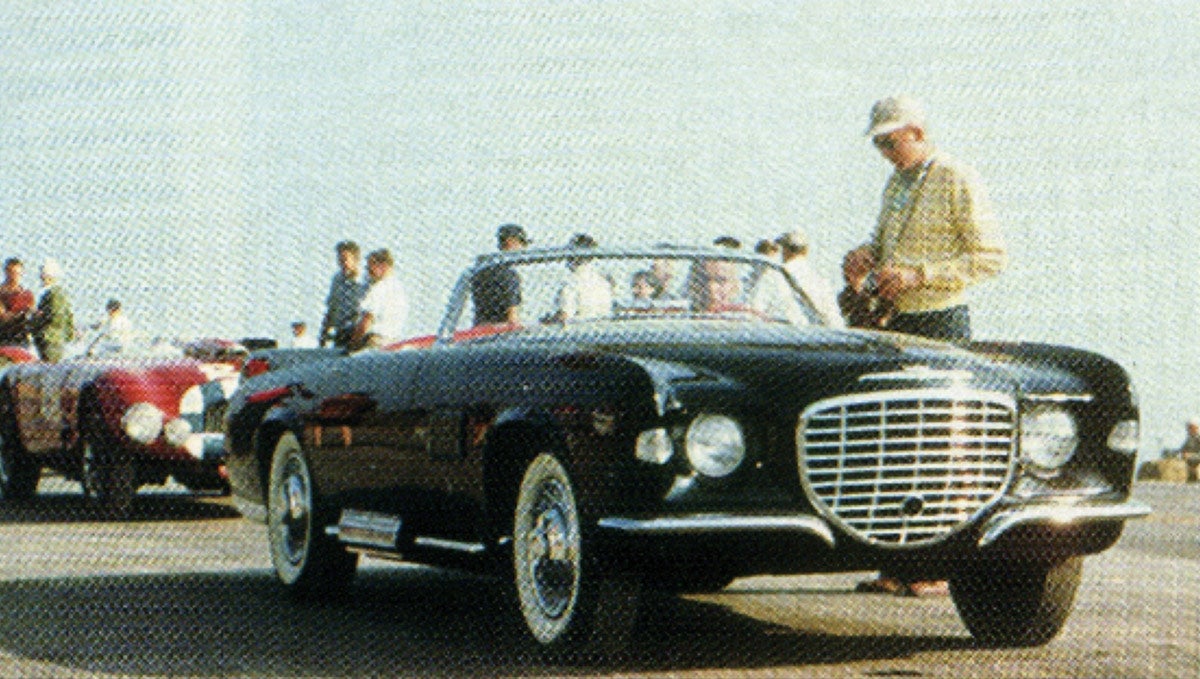 Virgil Exner took the black Falcon to Watkins Glen in 1956 and drove it on the track there. Besides the color, this car differs from the featured car owned by Joe Bortz in having a crank hole in the grille and wheel covers.