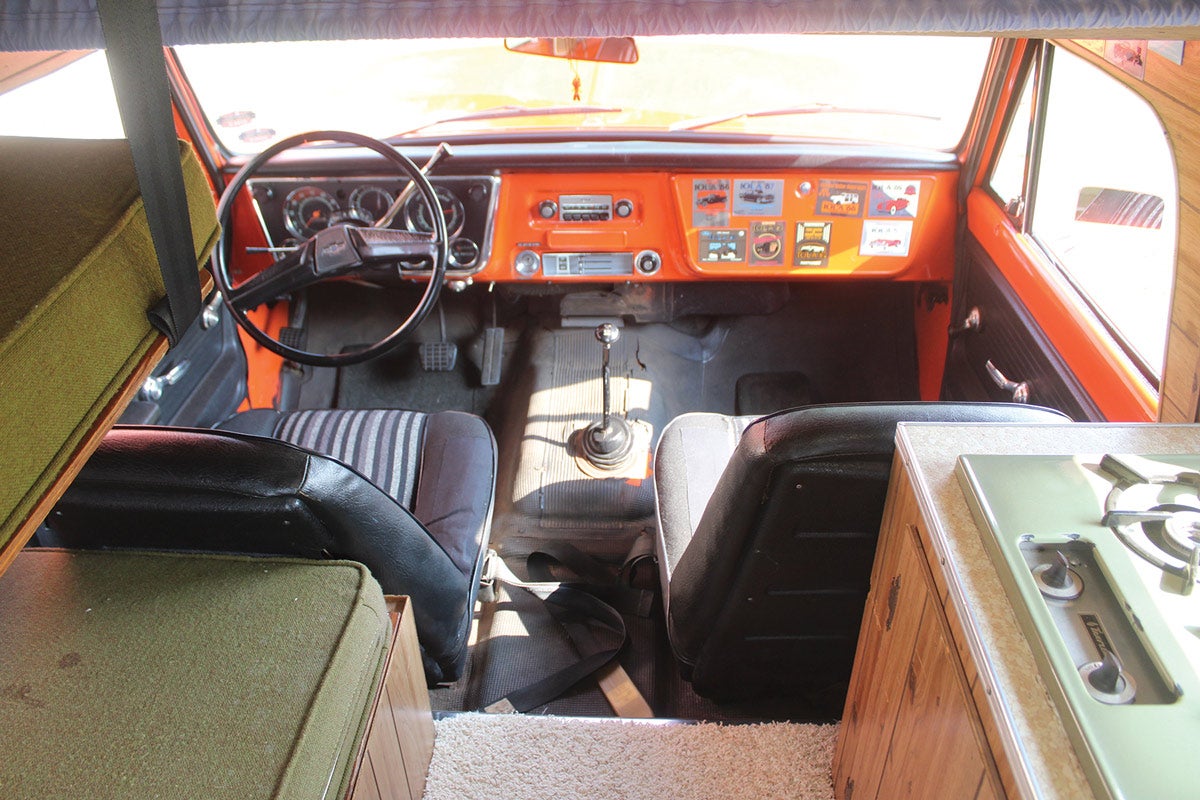 Access to the back of the camper was pretty easy — the K5 came as an open vehicle with no divider behind the front seats, and no console to get in the way. This K5 was a 4x4 with floor shift and a four-speed, bucket seats, power steering and brakes and an AM radio, which is still in place.