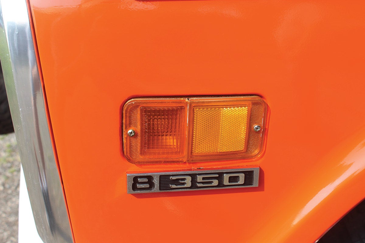 The 350-cid V-8 was one of the few factory options ordered on this Blazer and came with call-out badging on the corners.