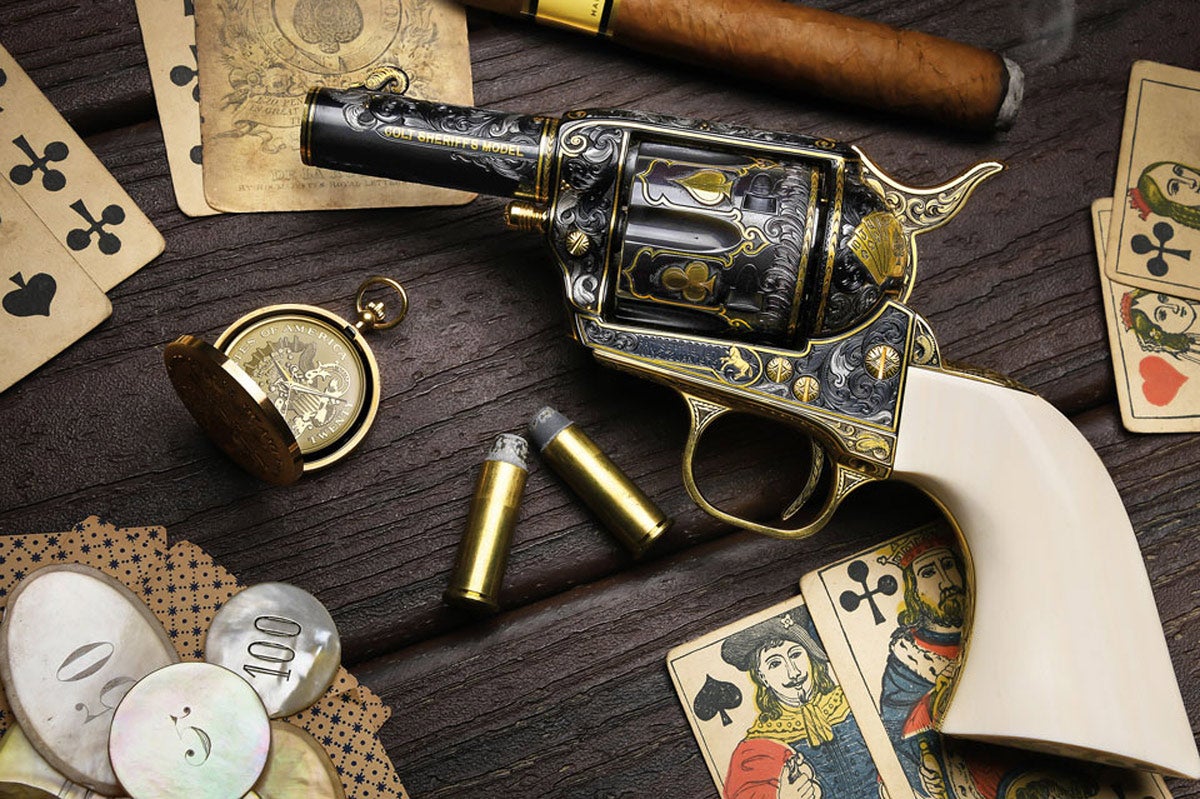 The Gambler, an engraved and inlaid Colt Single Action Sheriff’s Model by Engraver Michael Dubber