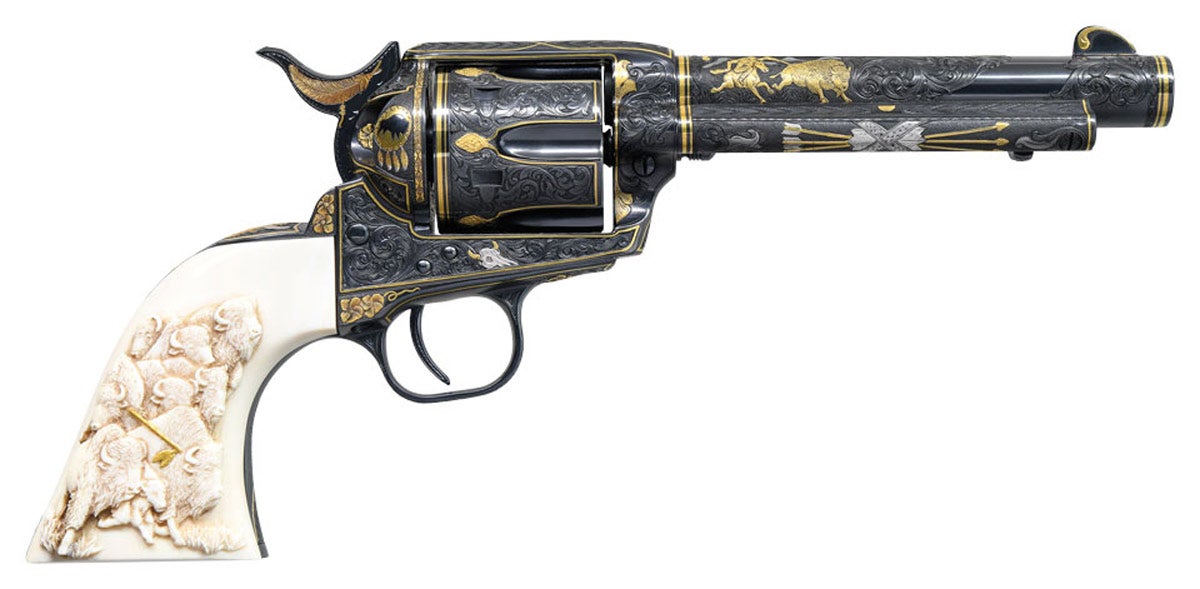 , The Buffalo Hunt, an engraved and inlaid SAA Colt by Master Engraver Michael Dubber