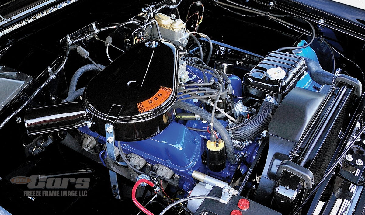 The optional 289-cid V-8 produces 200 hp, nearly double the horsepower of the standard six-cylinder of 105 hp.