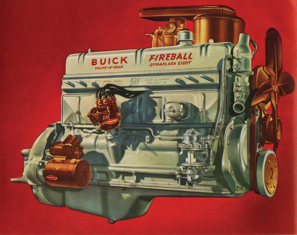 Buick eventually advertised its valve-in-head straight-eight as the “Fireball Dynaflash Eight” as seen in this 1938 brochure image.