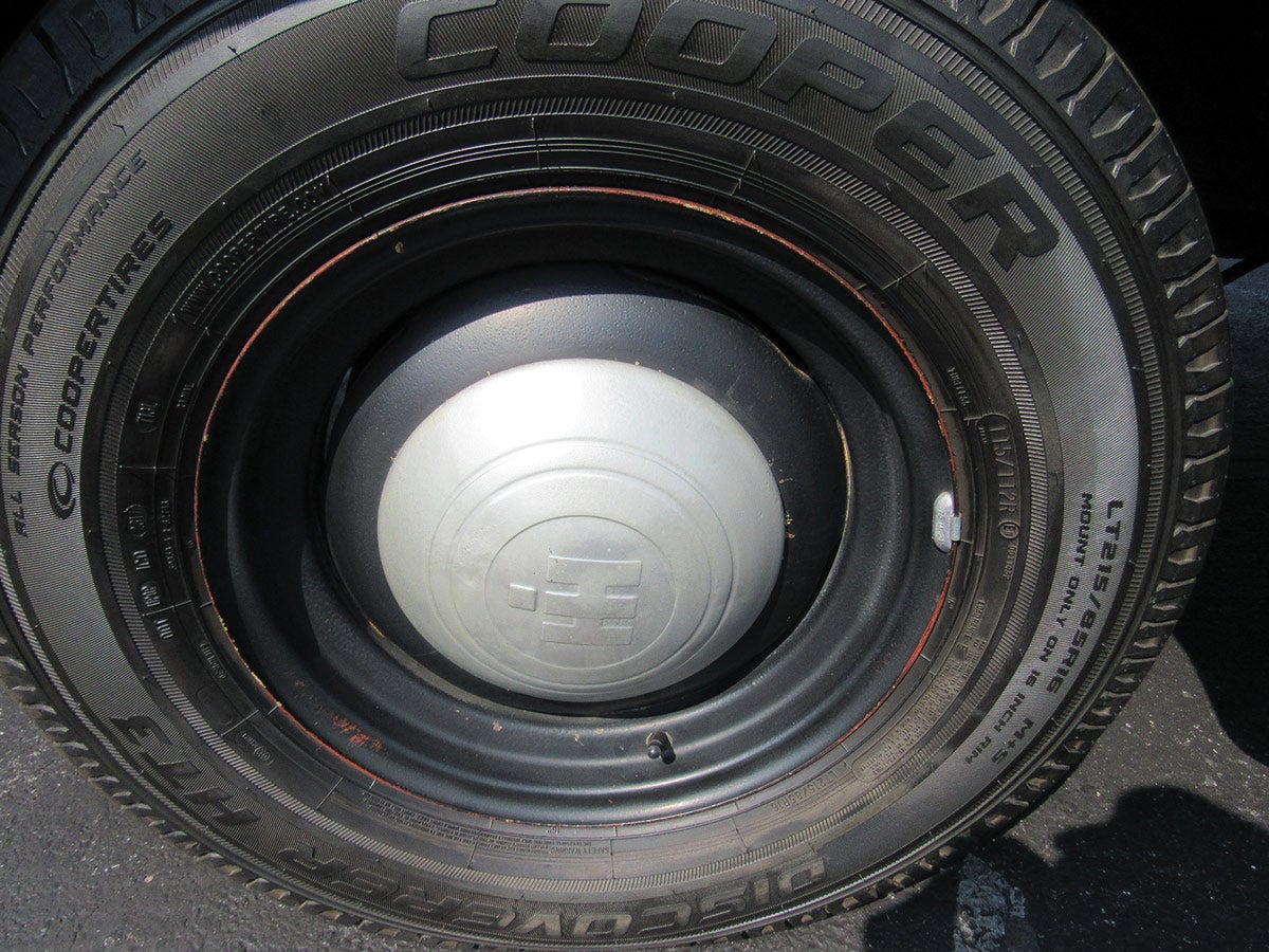 he IH emblem is on the hubcaps. Note the “i” over the “H” looks like the rear view of a farmer on a tractor, a clever trick by designer Raymond Loewy.