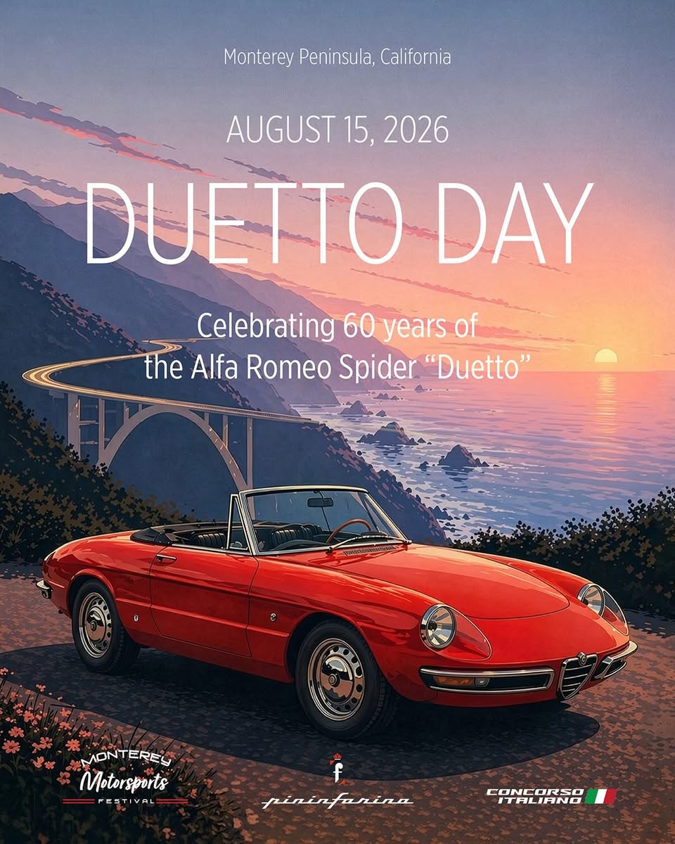 Concorso Italiano  and Monterey Motorsports Festival to celebrate 60 years of the Alfa Romeo Spider “Duetto”, an icon of Pininfarina design