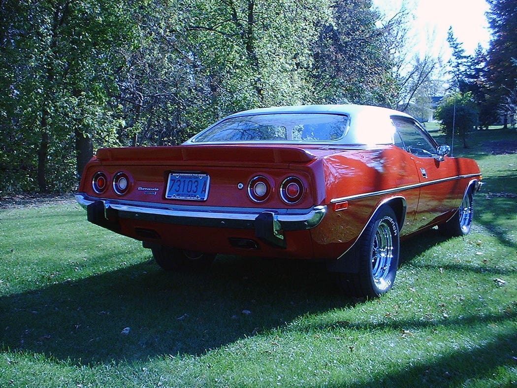 Download Classic Black 1974 Plymouth Barracuda on the Street Wallpaper |  Wallpapers.com, image size:1050x788